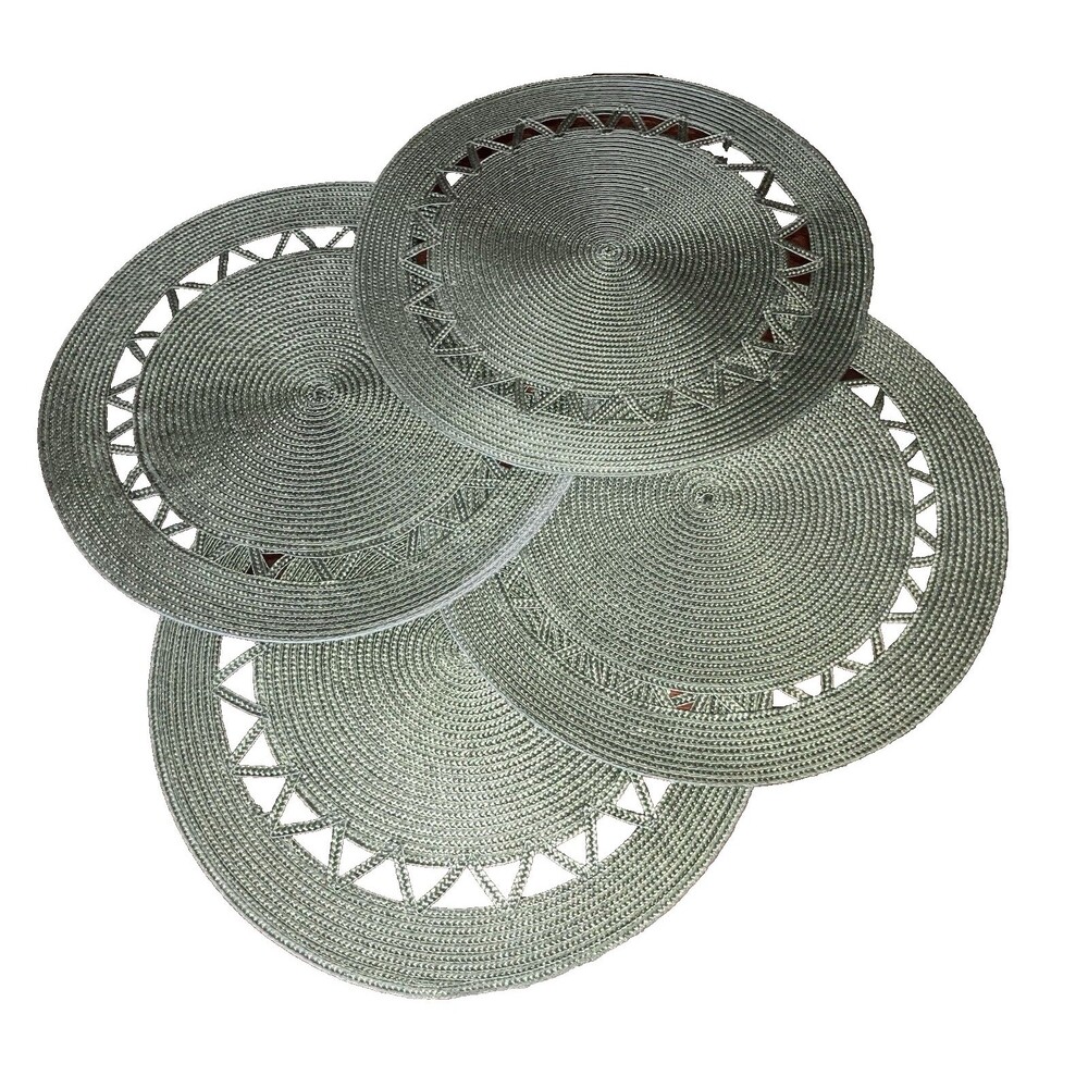 Rattan Straw Round Placemats 15” Set (4) Concentric Weave Dark Green Zigzag Trim